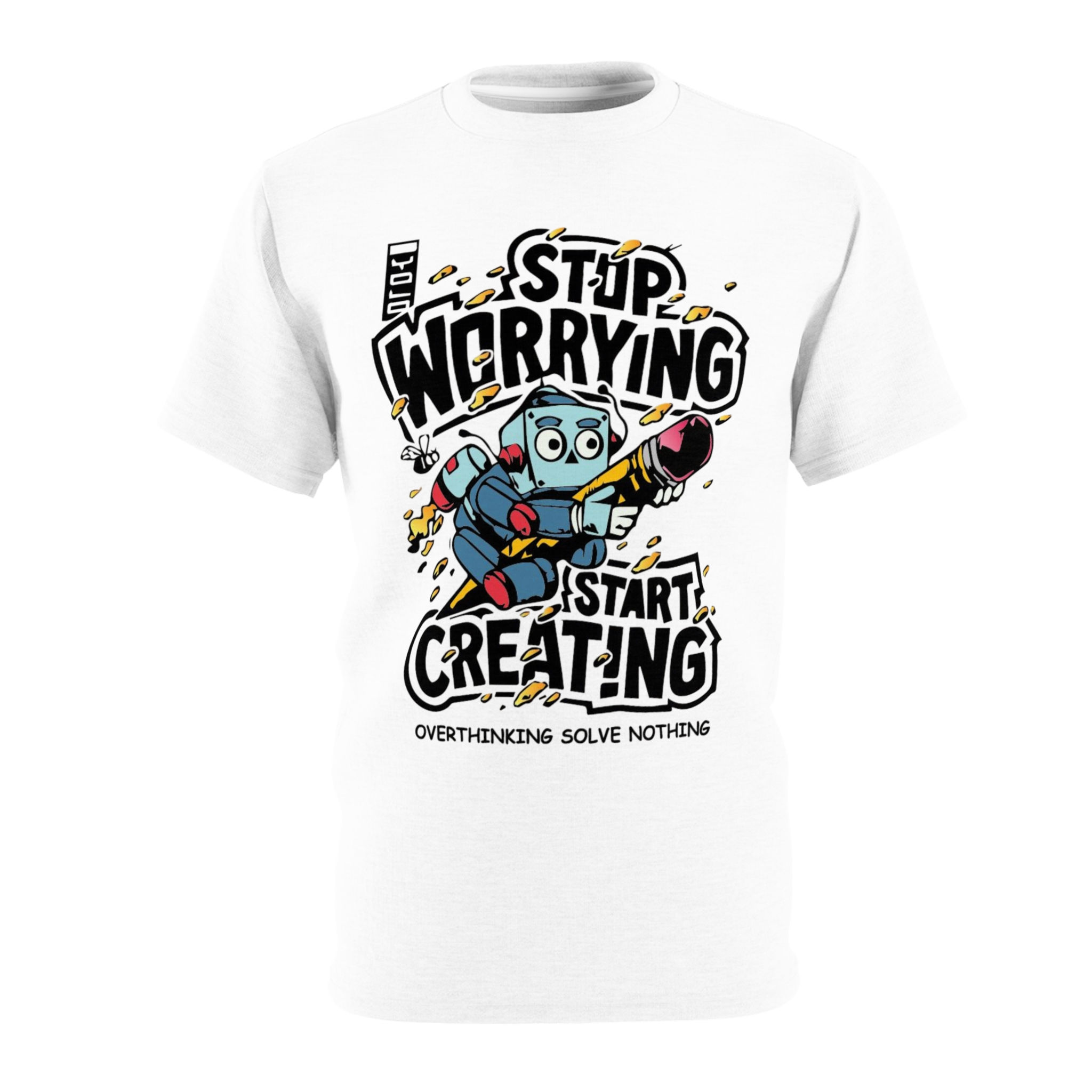 All-over-print tee with cartoon robot and ‘Stop Worrying — Start Creating’ text.”