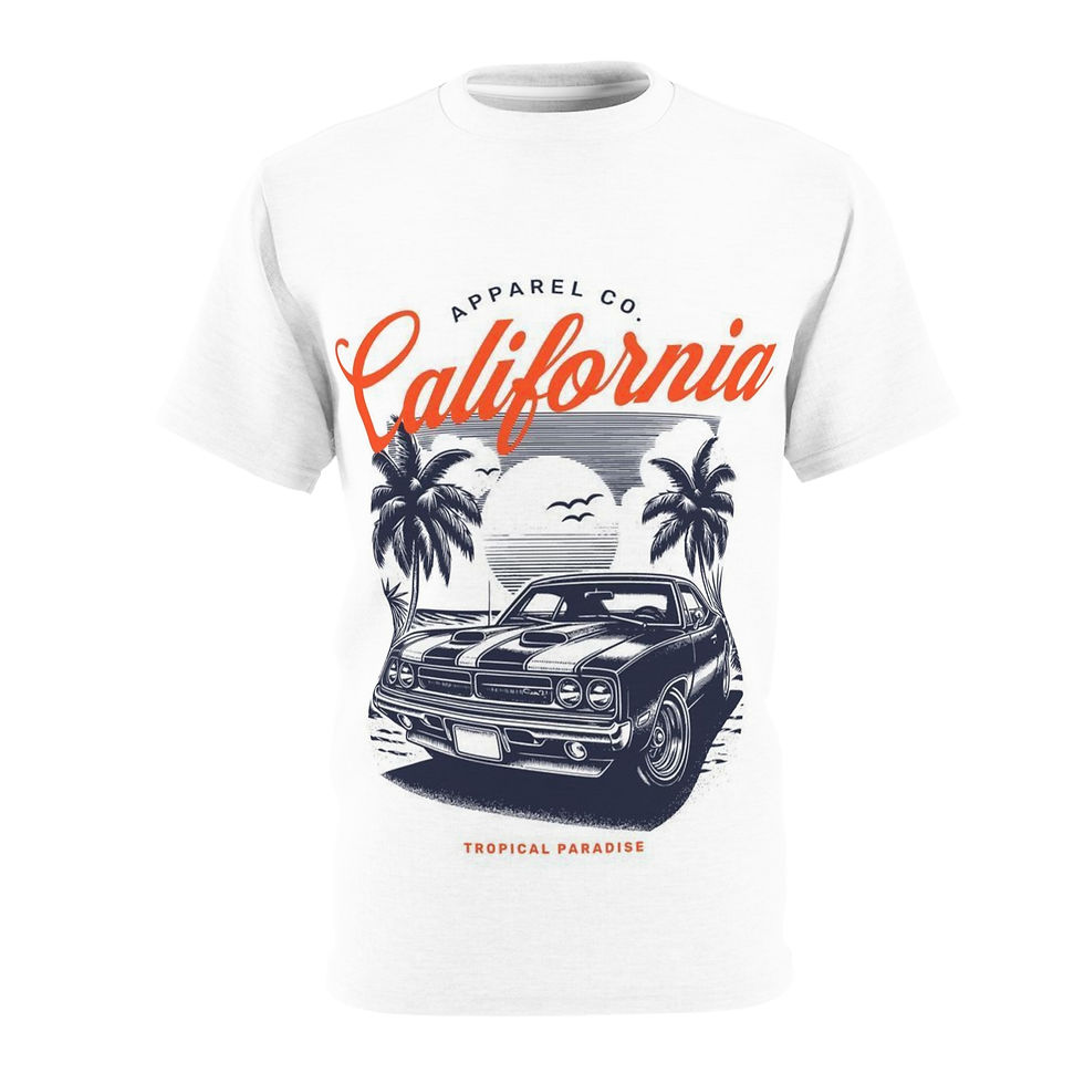 Lightweight tee with vintage muscle car, palm silhouettes, and sunset coastal road-trip graphic.