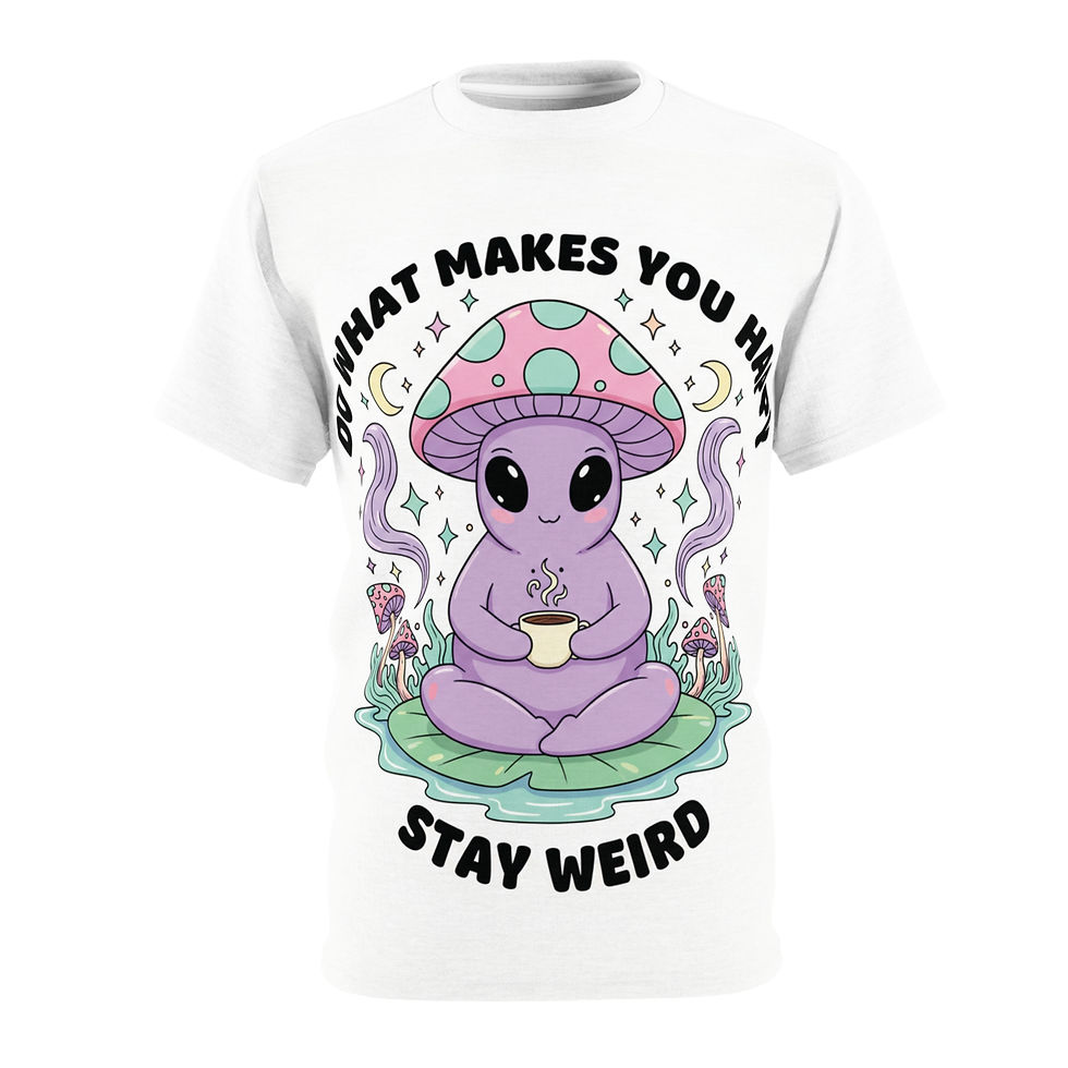 All-over-print tee with mushroom creature on lily pad, stars and moons, reading ‘Do what makes you happy — Stay Weird.