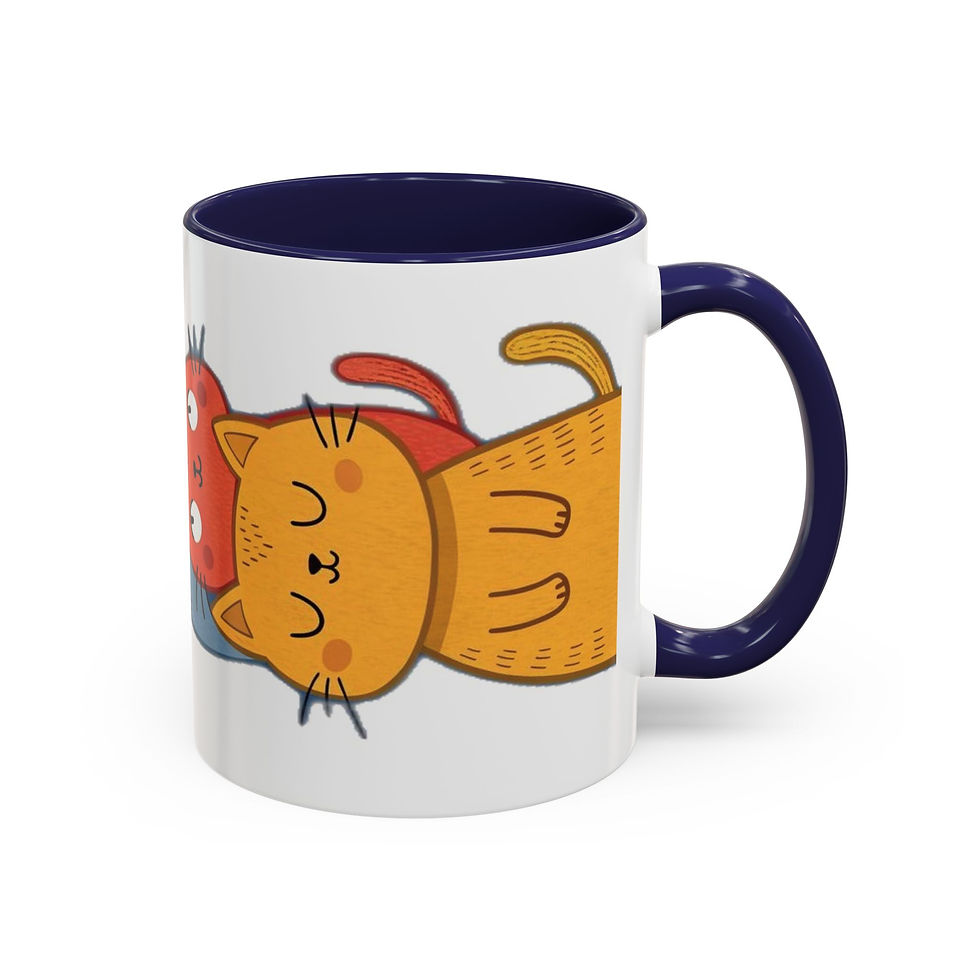 Thumbnail: Glossy ceramic mug with colorful cartoon cats and matching handle and interior.