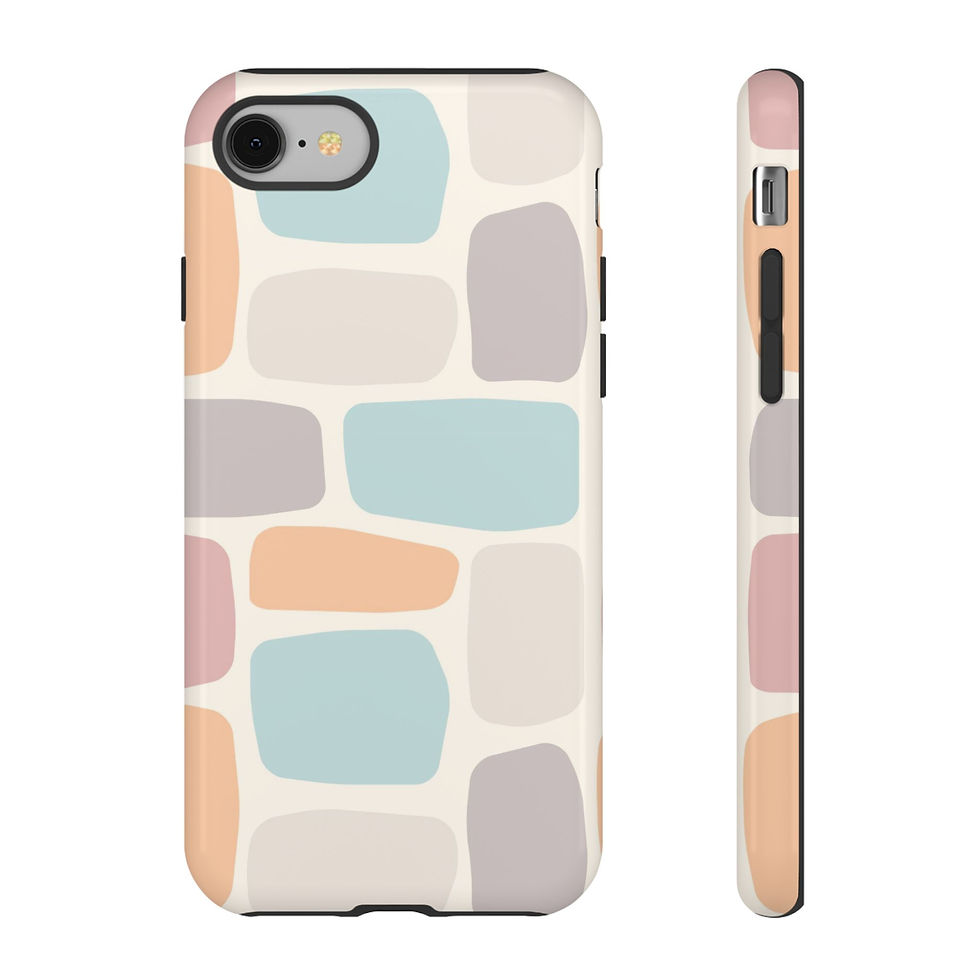 Slim protective phone case with pastel color-block tiles and dual-layer shock protection.