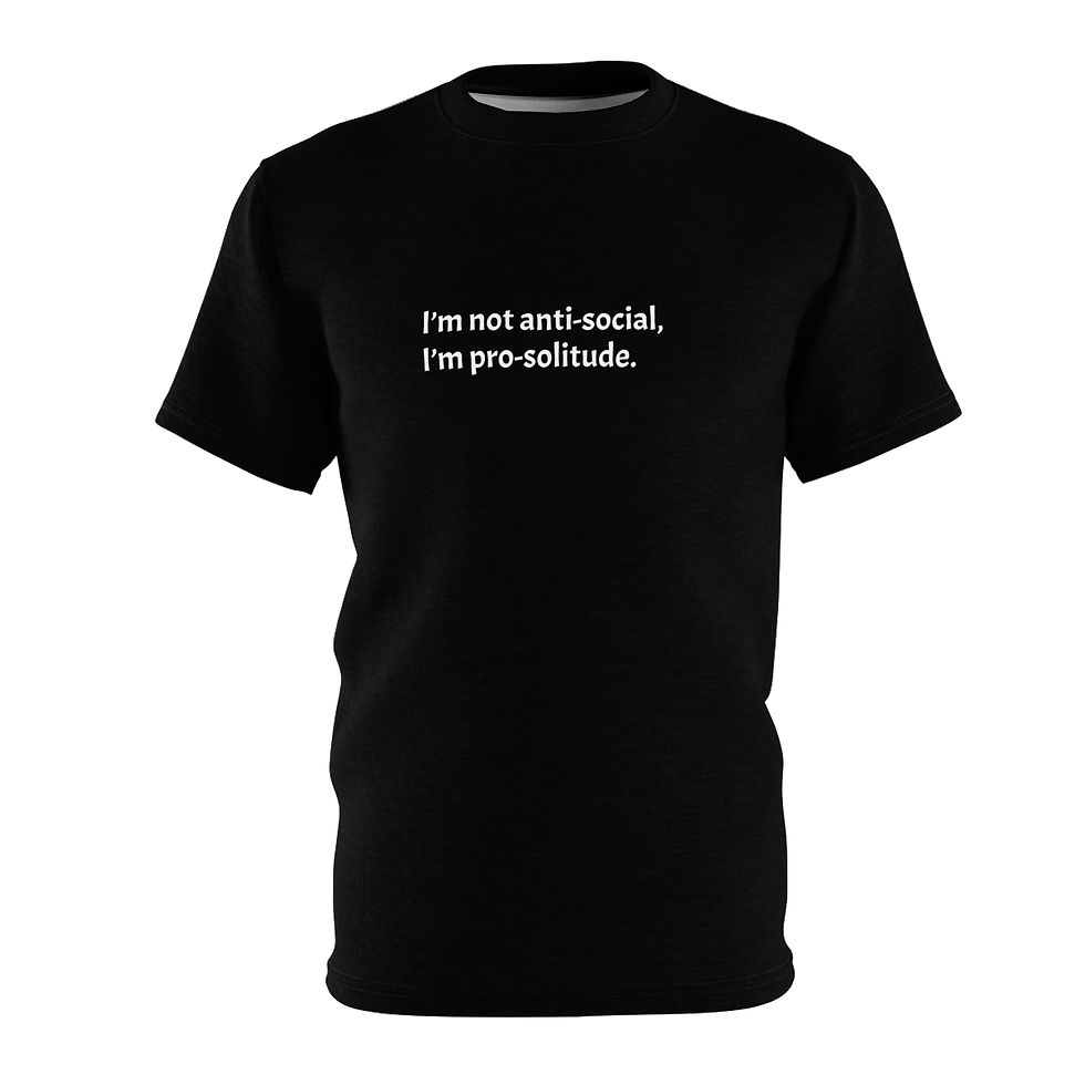 Thumbnail: Black tee with “I’m not anti-social, I’m pro-solitude” text, lightweight polyester, and minimalist casual design.