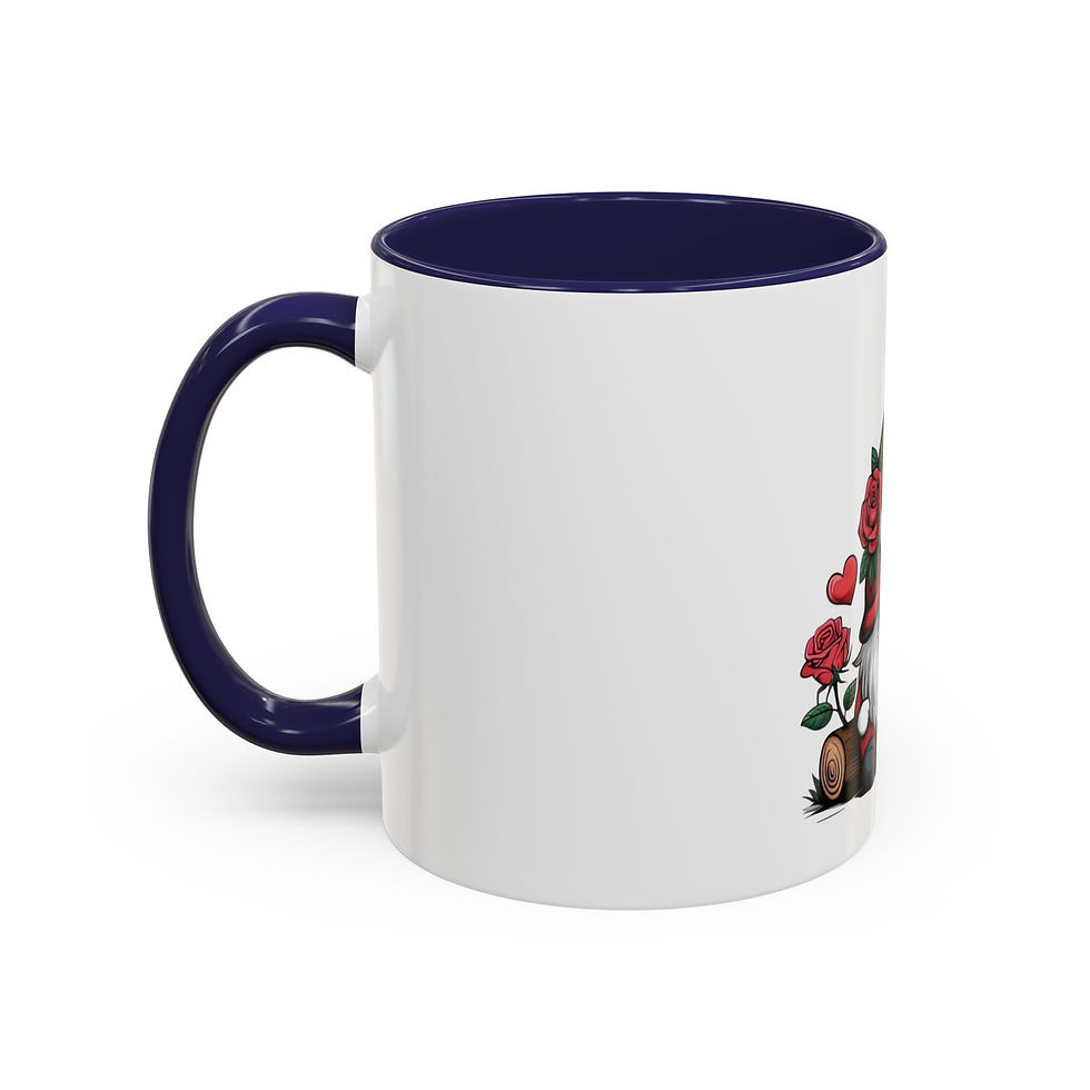 Thumbnail: Glossy white mug with cheerful gnome illustration and contrasting colored interior and handle.
