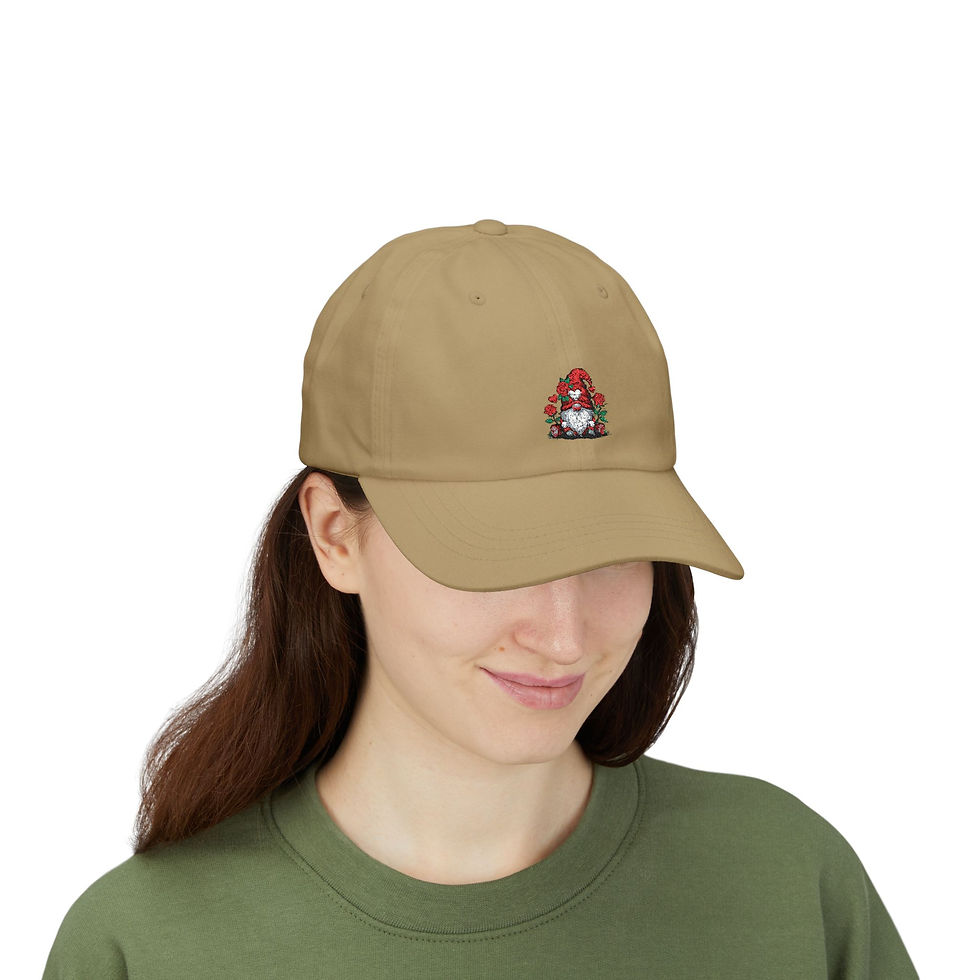 Thumbnail: Soft cotton dad cap with tiny embroidered gnome above the brim.