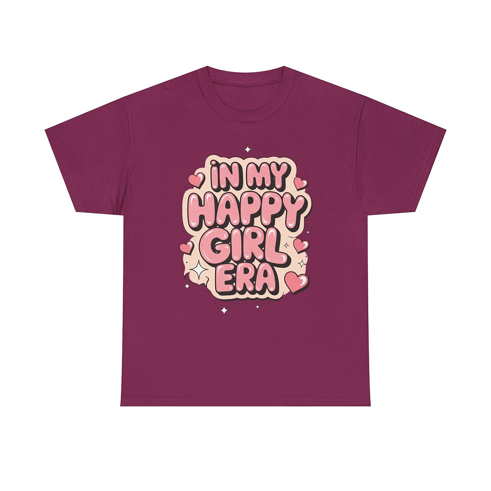 Thumbnail: Soft, roomy cotton tee with a playful bubble-letter graphic reading “In My Happy Girl Era.”