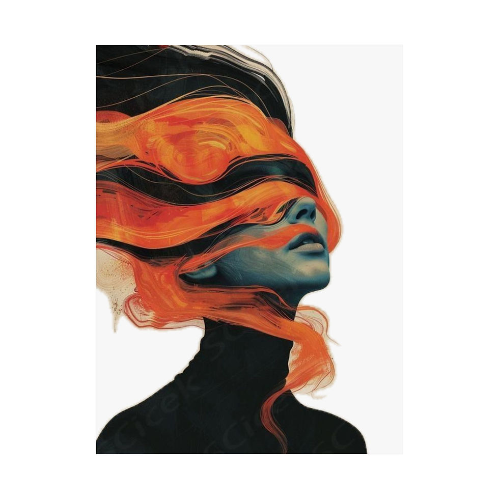 Thumbnail: Matte vertical poster with a surreal portrait featuring a fiery orange ribbon across the face.