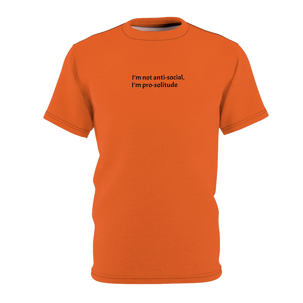 Thumbnail: Rust-orange tee with “I’m not anti-social, I’m pro-solitude” text and soft all-over print.