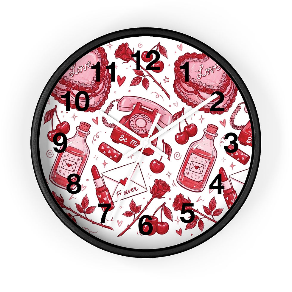 Thumbnail: 10" wall clock with vintage romance illustrations including phones, love letters, cherries, and lipstick.