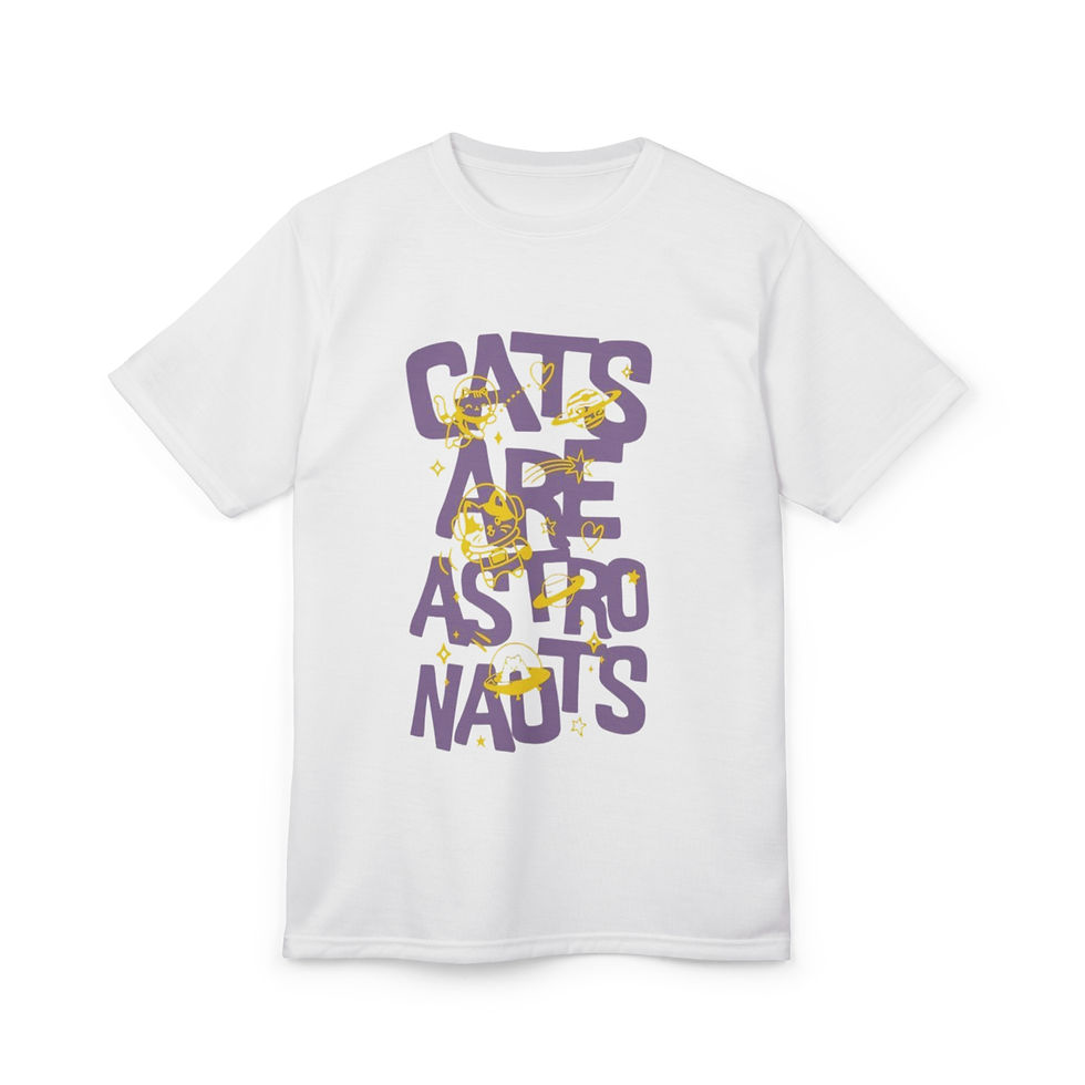 Lightweight tee with “CATS ARE ASTRONAUTS” text and small gold cat space doodles.