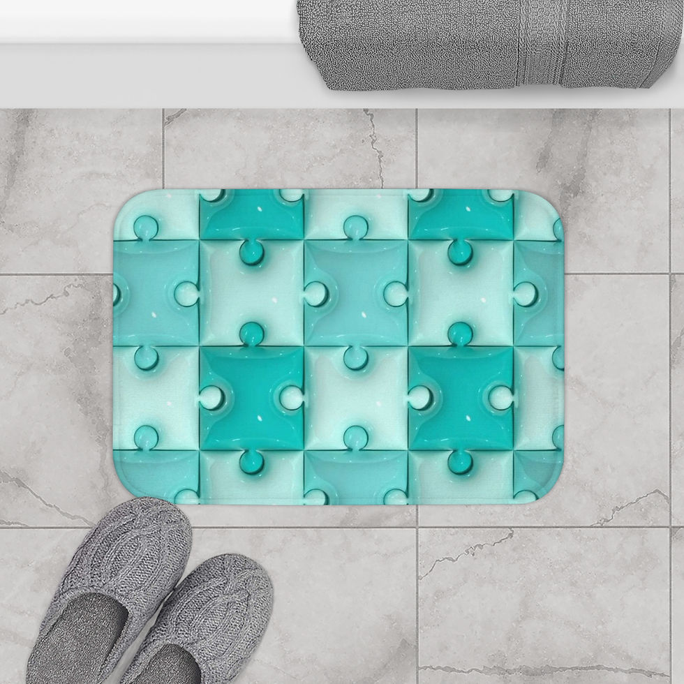 Thumbnail: Memory-foam bath mat with teal geometric tile print and anti-slip backing for a calm, coastal bathroom.