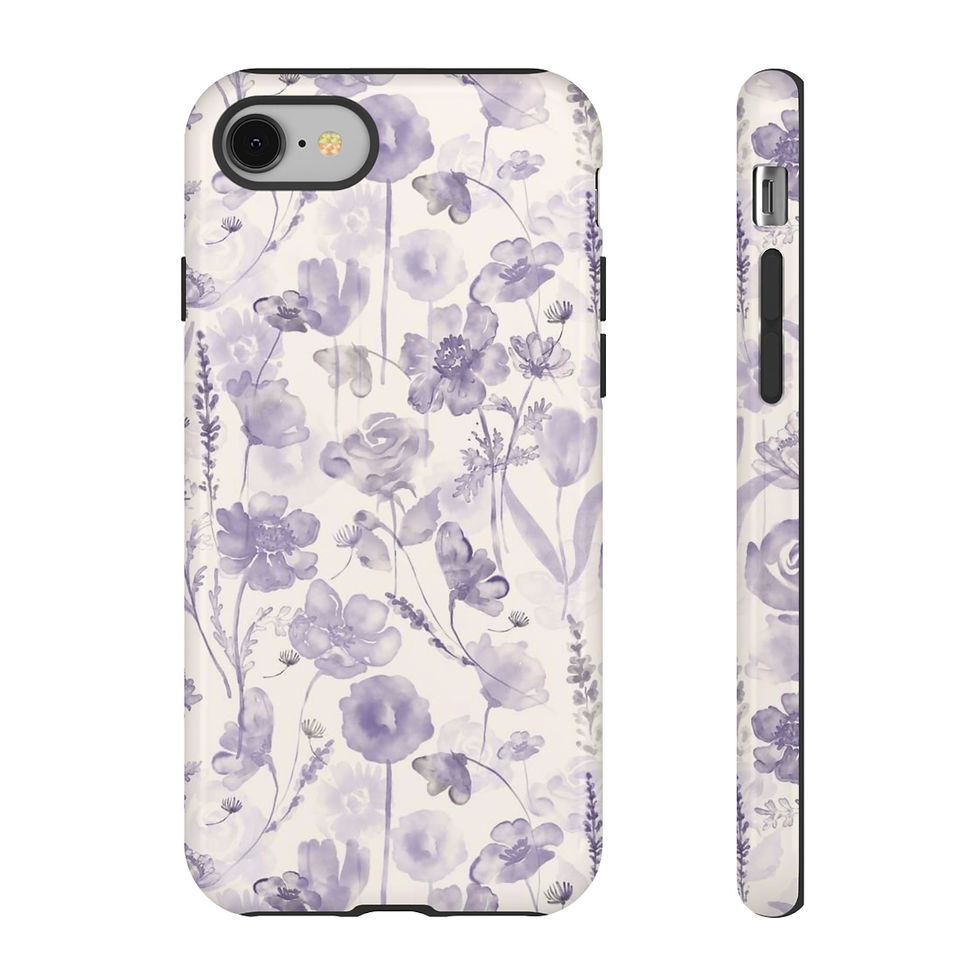 Slim double-layer phone case with watercolor lavender floral print and shock-absorbing protection.