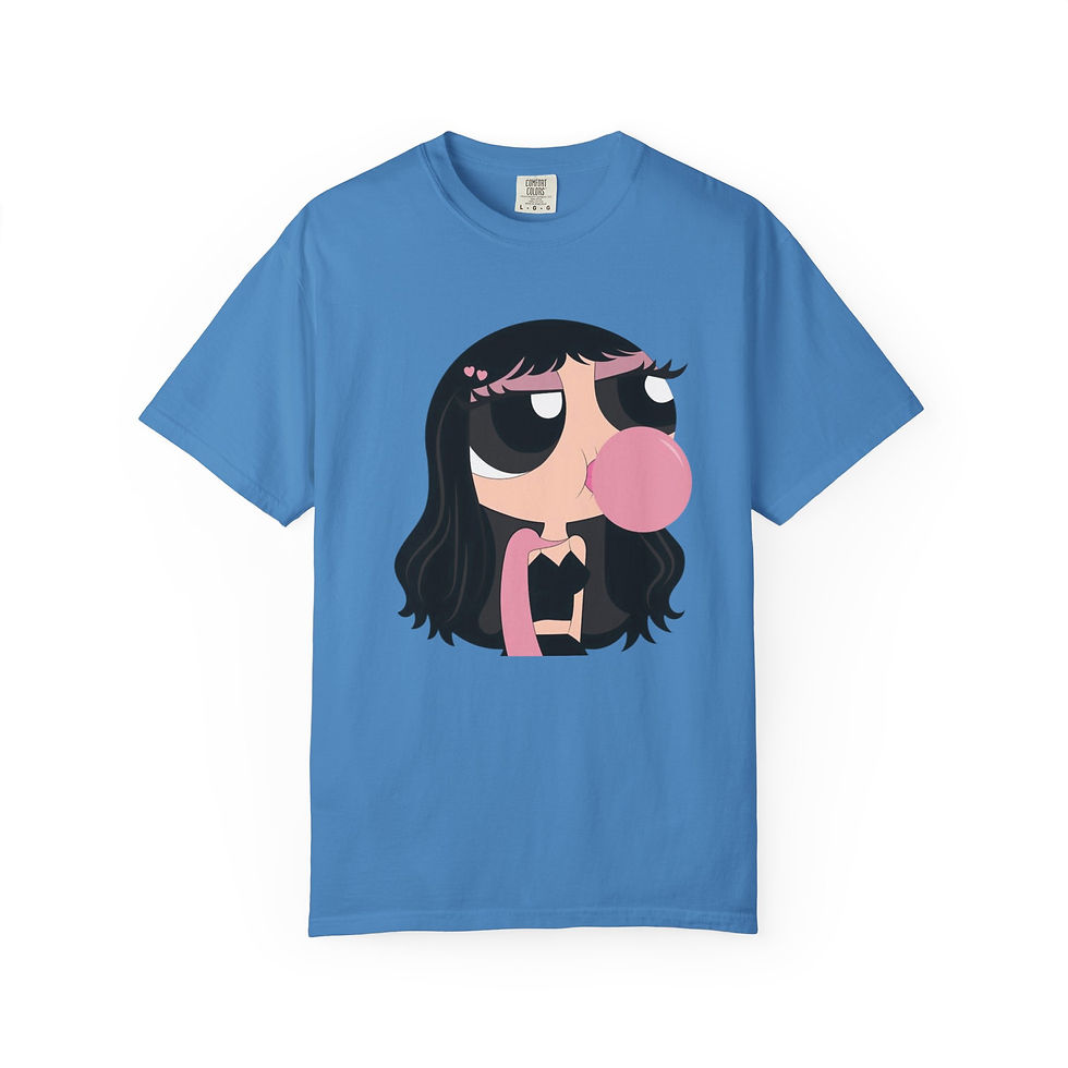 Thumbnail: Garment-dyed cotton tee with cartoon girl blowing pink bubblegum illustration.