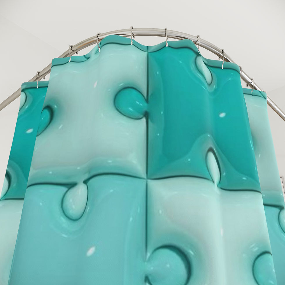 Spa-style shower curtain with soft teal and aquamarine ripple tile pattern and modern coastal design.