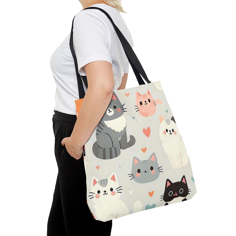 Thumbnail: Soft, roomy tote bag featuring cheerful illustrated cats in muted pastel tones with scattered hearts for a cozy, playful feel