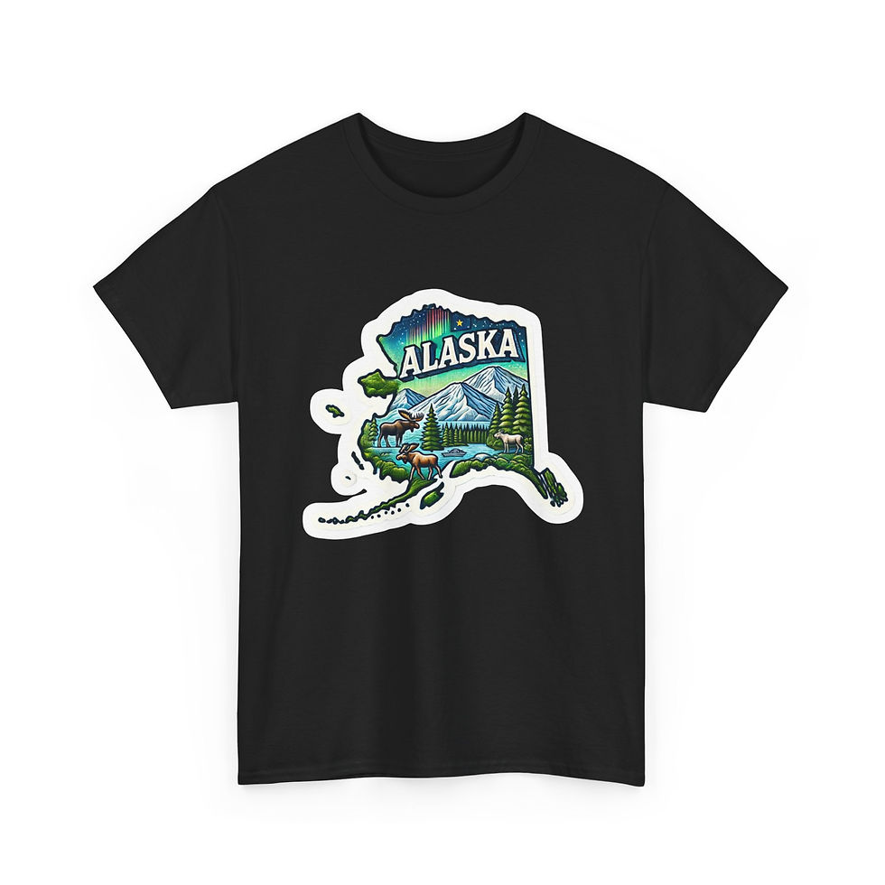 Thumbnail: Soft tee with Alaska-shaped print featuring mountains, trees, and canoe scene.