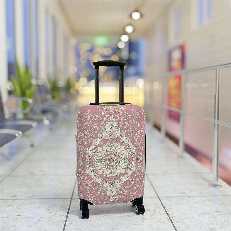 Thumbnail: Vintage rose-pattern luggage cover in muted pink and ivory, made of stretchy protective fabric for travel.