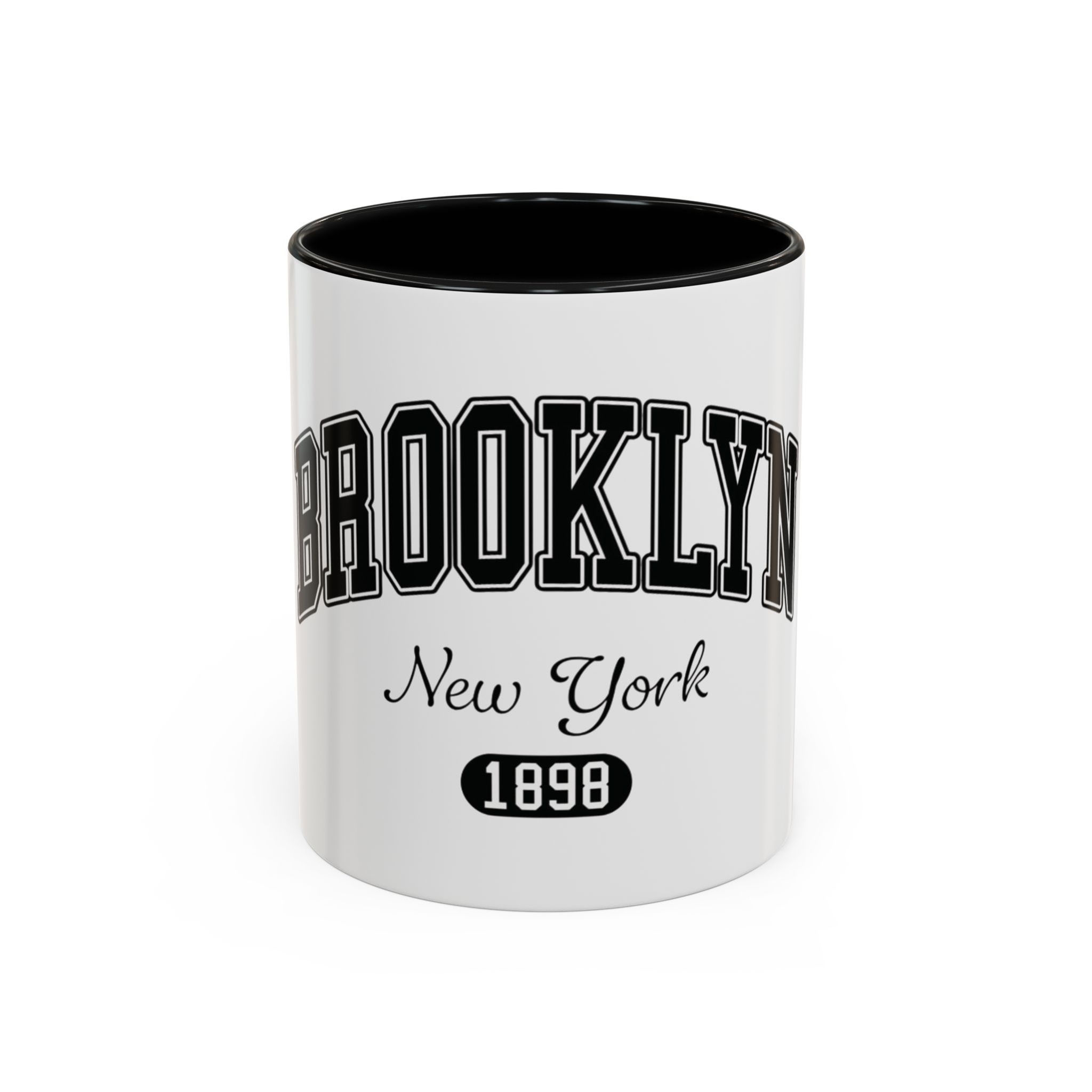 Ceramic mug with vintage-inspired Brooklyn crest and black interior and handle.