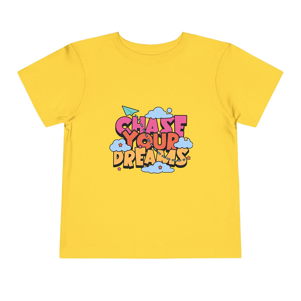Thumbnail: Toddler tee with “Chase Your Dreams” graphic, clouds and airplane, made from soft breathable cotton.