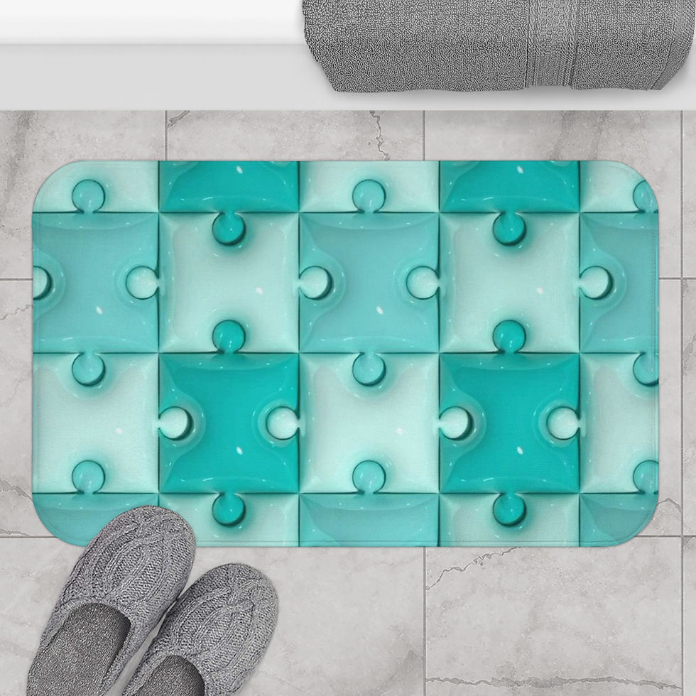Thumbnail: Memory-foam bath mat with teal geometric tile print and anti-slip backing for a calm, coastal bathroom.