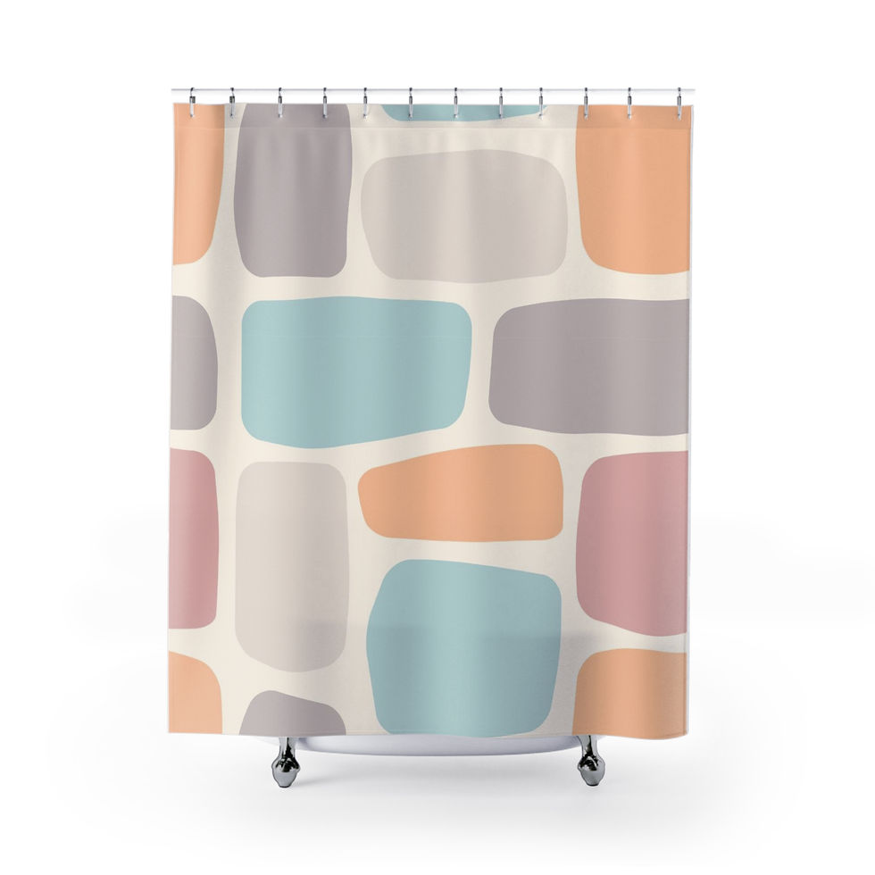 Shower curtain with warm neutral pebble-shaped abstract shapes and lightweight polyester fabric.