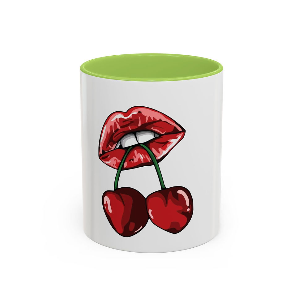 Thumbnail: Glossy white mug with colored interior and red lips holding two cherries print.