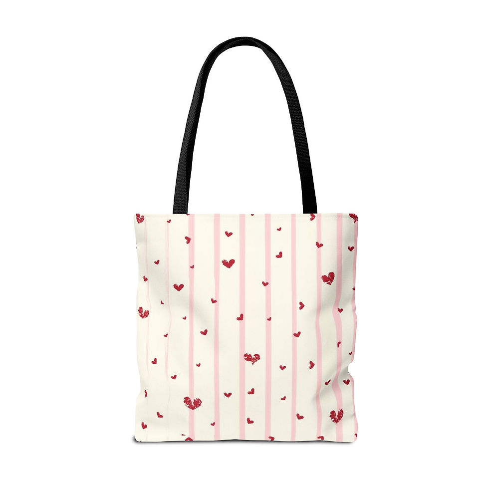 Thumbnail: Printed tote with cream stripes and watercolor hearts in a soft, romantic style.