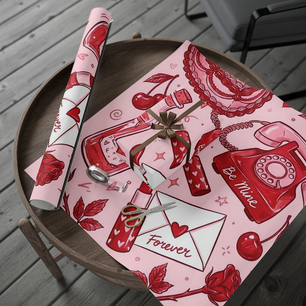 Thumbnail: Pink wrapping paper with repeating vintage romance icons like a phone, love letters, cherries, and lace hearts.