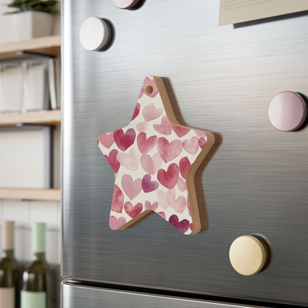 Thumbnail: Different shaped wooden ornament with blush and rose heart design, laser-cut from solid wood.