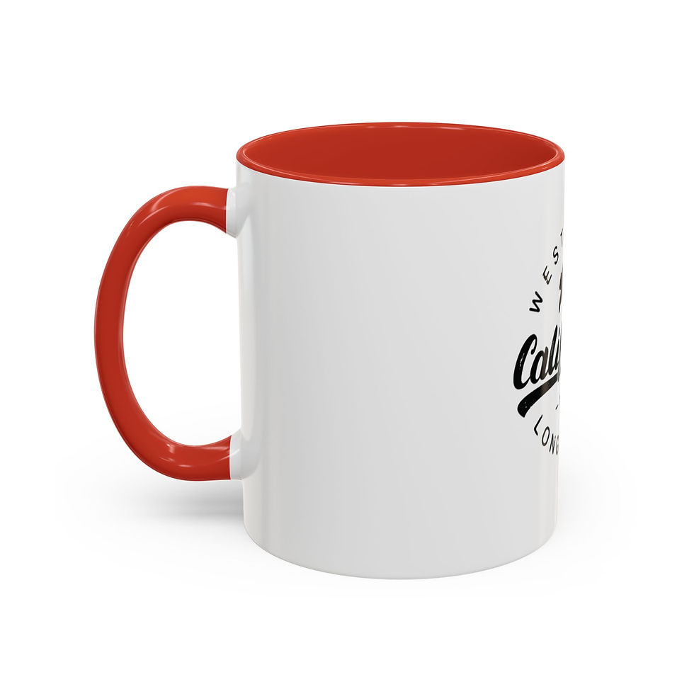 Thumbnail: White porcelain mug with black interior and handle, featuring a vintage California bear “Long Beach” badge.