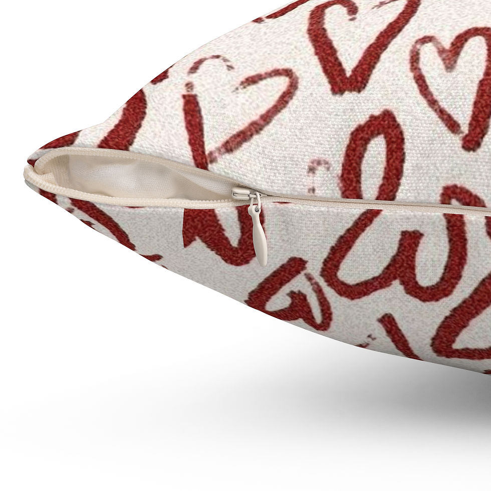 Thumbnail: Soft, square throw pillow with a hand-drawn heart pattern in warm brick-red on a creamy background.