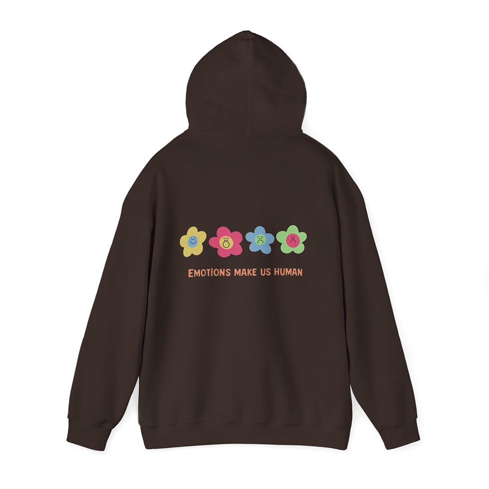 Thumbnail: Roomy black hoodie with colorful flower icons and “Emotions Make Us Human” message.