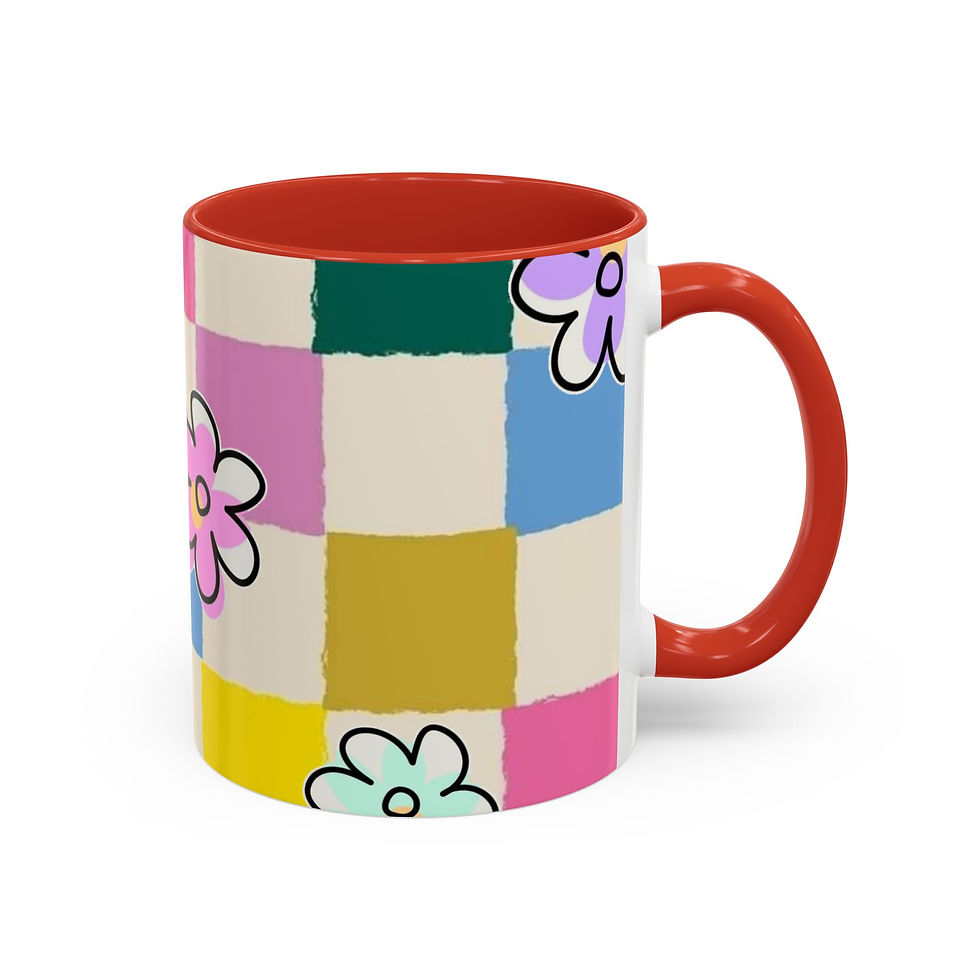 Thumbnail: Glossy ceramic mug with colorful checkerboard and doodled wildflowers, black handle and interior.