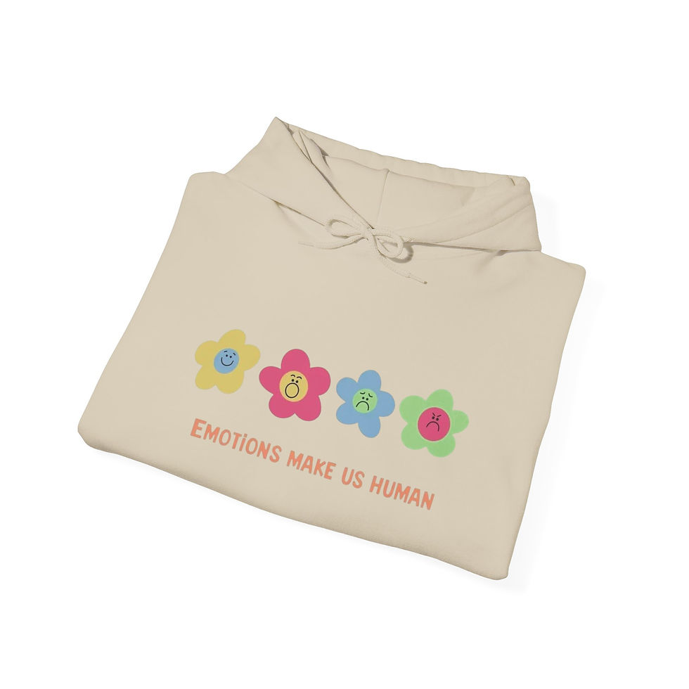 Thumbnail: Roomy black hoodie with colorful flower icons and “Emotions Make Us Human” message.
