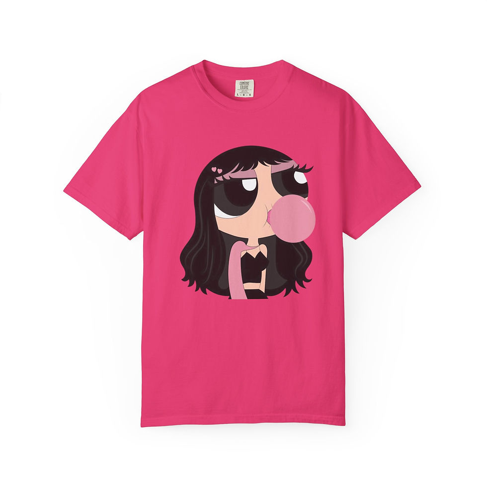 Thumbnail: Garment-dyed cotton tee with cartoon girl blowing pink bubblegum illustration.