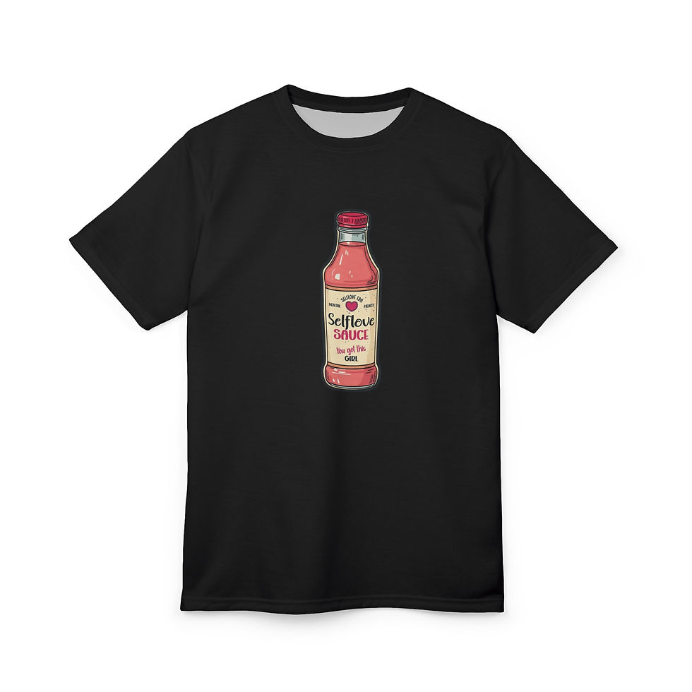 Thumbnail: Black tee with “Selflove Sauce” bottle graphic, soft polyester fabric, and vintage-style casual design.