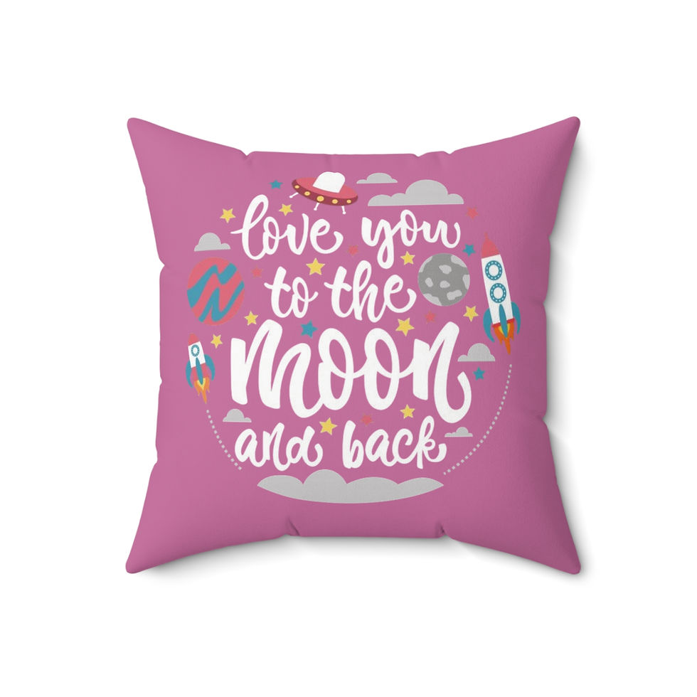 Thumbnail: Double-sided print with “love you to the moon and back,” rockets, stars, clouds, and a smiling moon on a pink background.