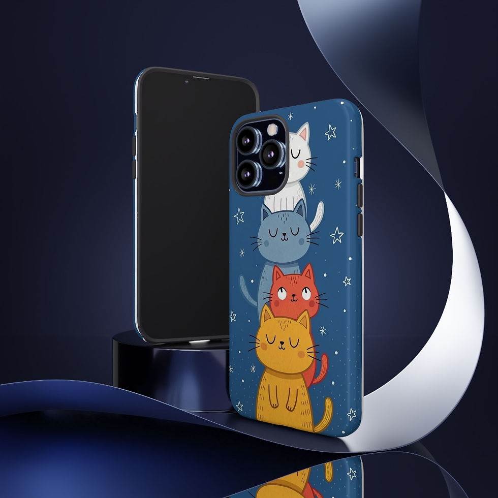 Thumbnail: Dual-layer phone case with four pastel cats on starry navy, shock-absorbing.