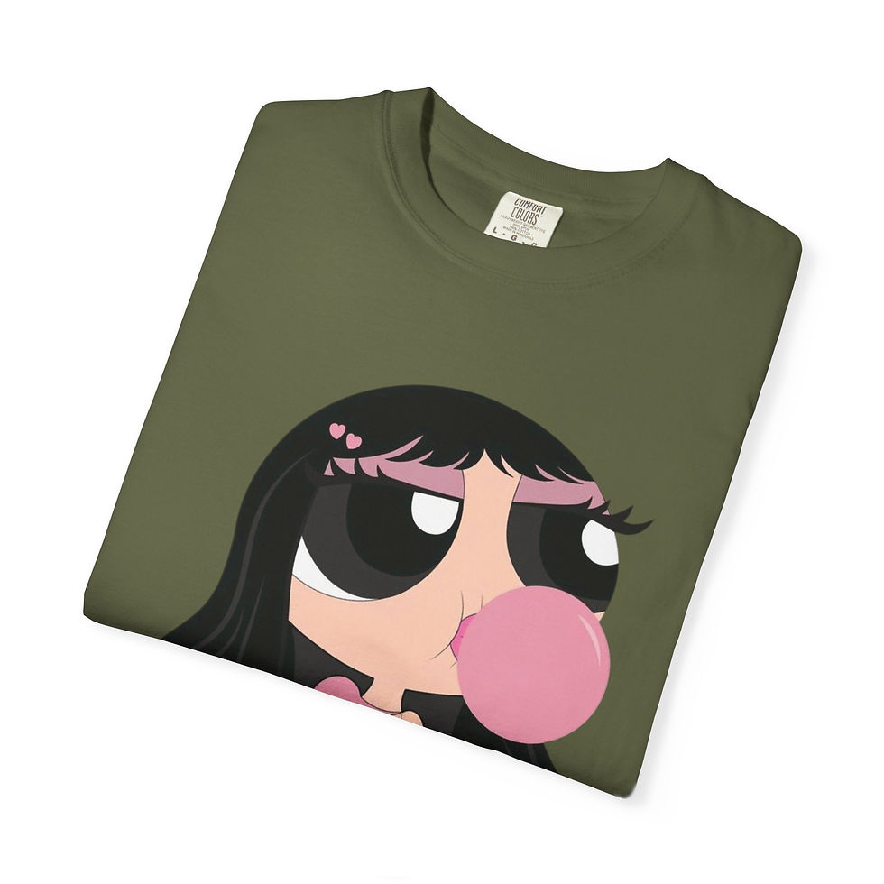 Thumbnail: Garment-dyed cotton tee with cartoon girl blowing pink bubblegum illustration.