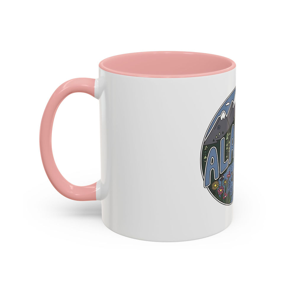 Thumbnail: Ceramic mug with an “Alaska” mountain badge design featuring snow-capped peaks and a moose.