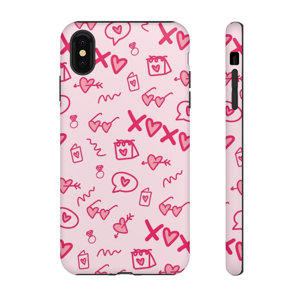 Thumbnail: Slim pink phone case with playful heart and chat doodle pattern.