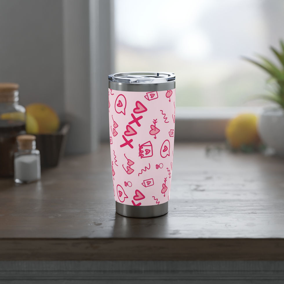 Thumbnail: 20oz stainless steel tumbler with playful hand-drawn pattern in rosy pink tones.