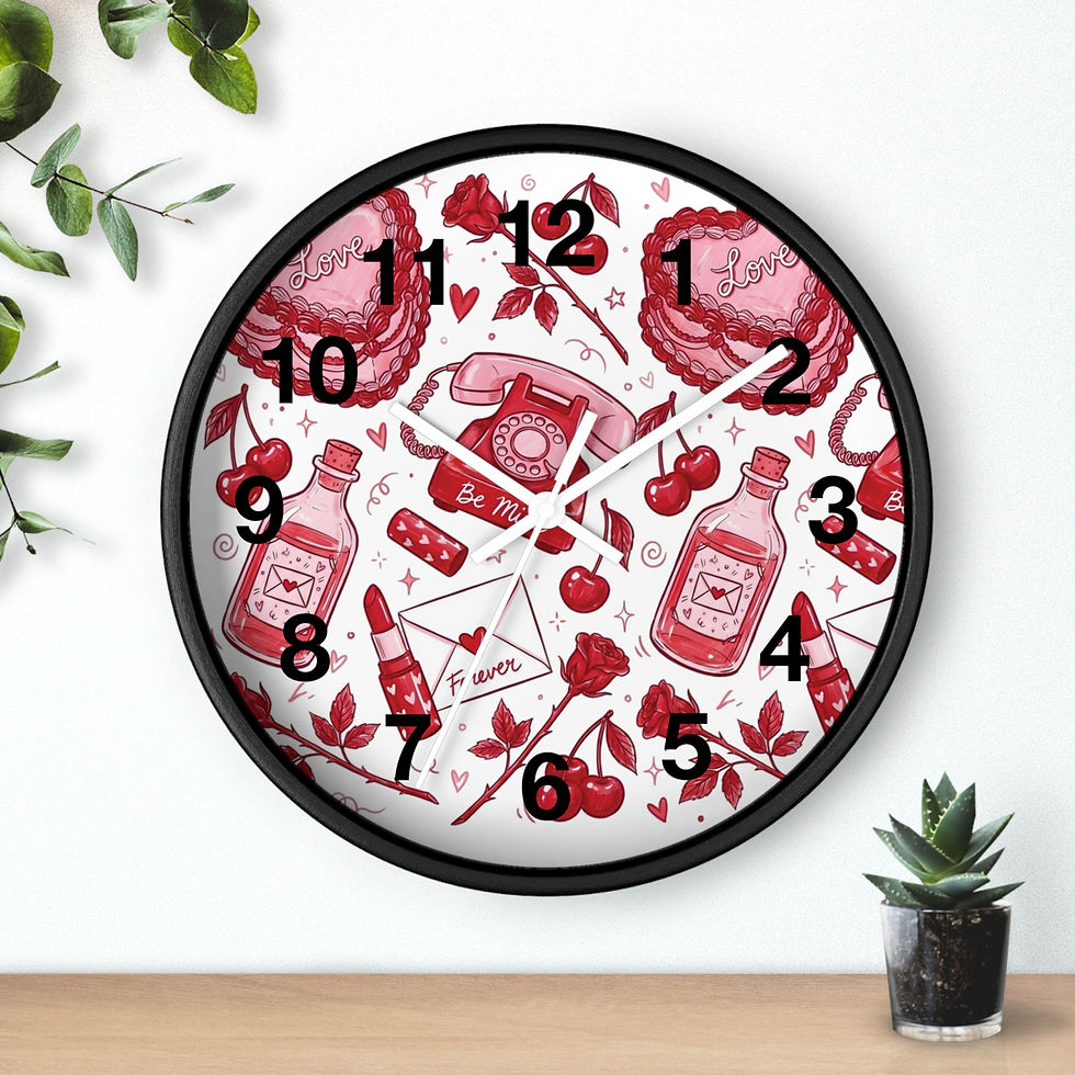 Thumbnail: 10" wall clock with vintage romance illustrations including phones, love letters, cherries, and lipstick.