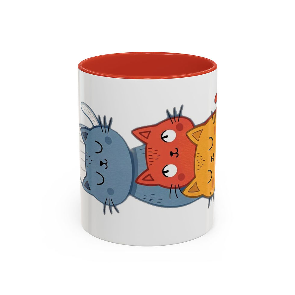 Thumbnail: Glossy ceramic mug with colorful cartoon cats and matching handle and interior.