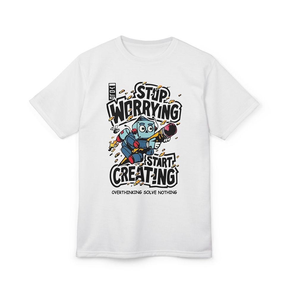 All-over-print tee with cartoon robot and ‘Stop Worrying — Start Creating’ text.”