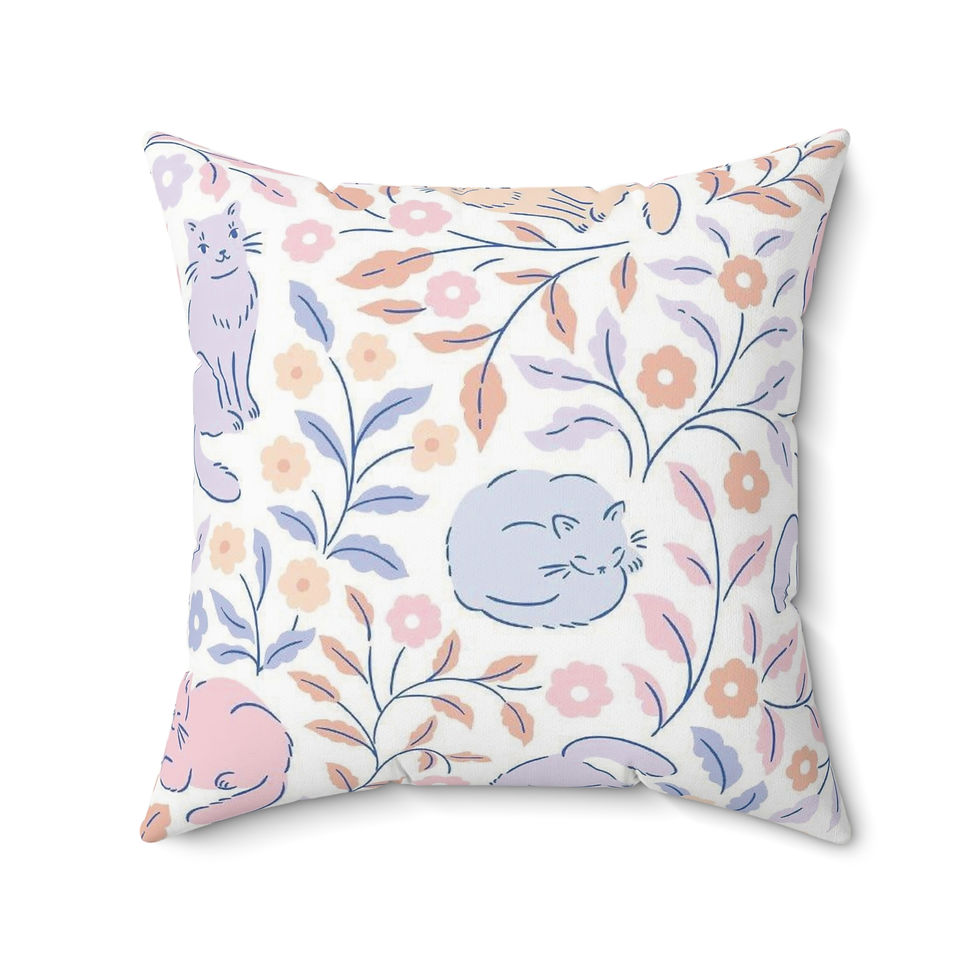 Thumbnail: Square pillow with floral vines and curled-up cats in muted pastel tones.