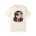 Garment-dyed cotton tee with cartoon girl blowing pink bubblegum illustration.