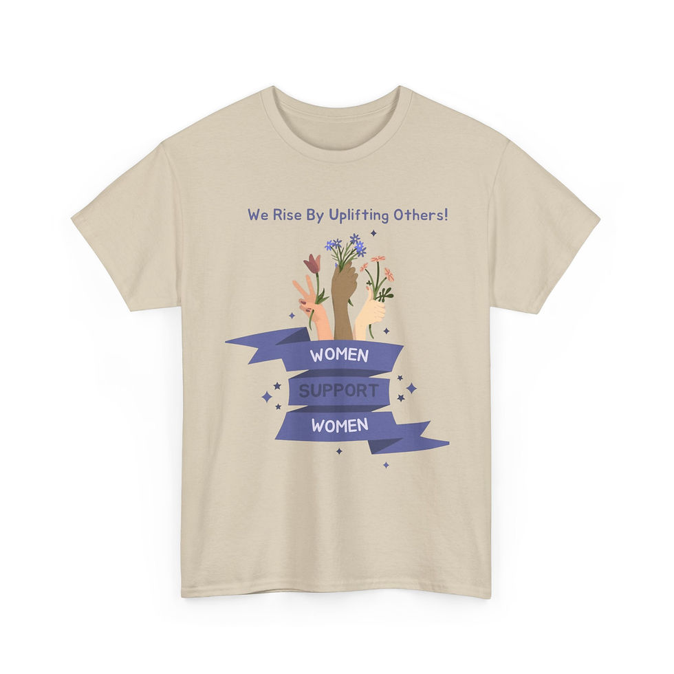 Thumbnail: Soft white tee with hand-drawn raised hands, wildflowers, and ‘Women Support Women’ banner in muted lavender and earth tones.
