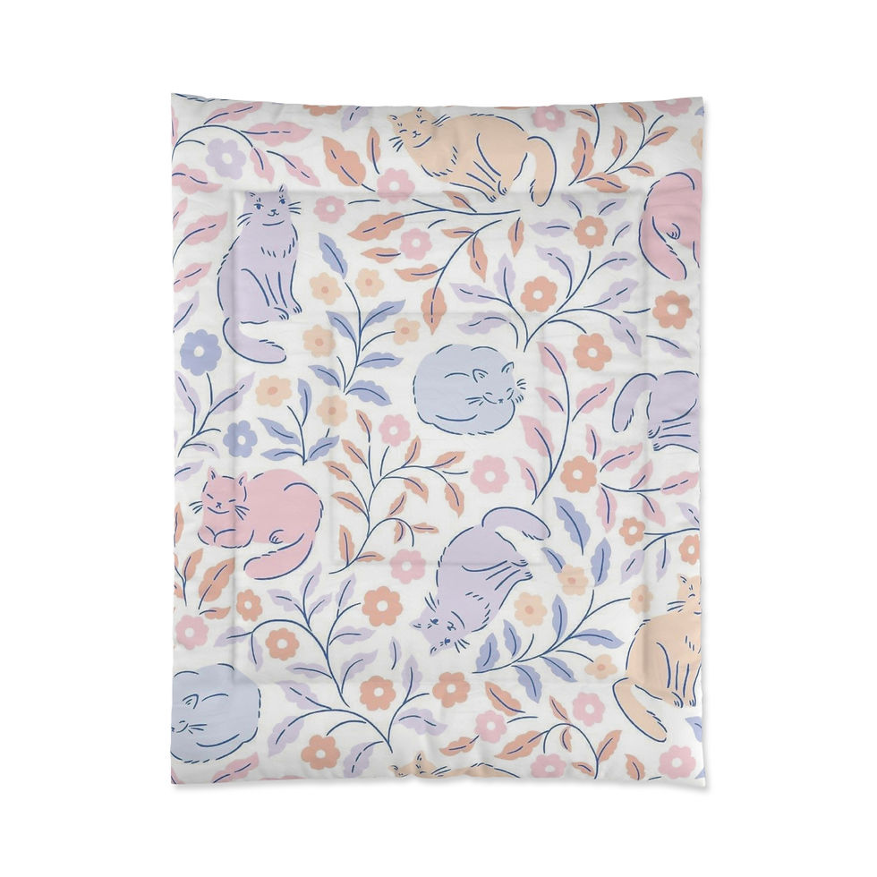 Thumbnail: Soft comforter with curled-up cats and pastel floral pattern.