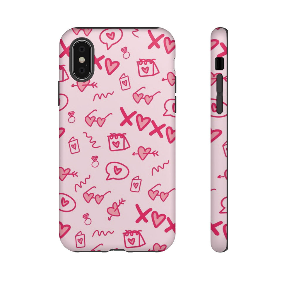 Thumbnail: Slim pink phone case with playful heart and chat doodle pattern.