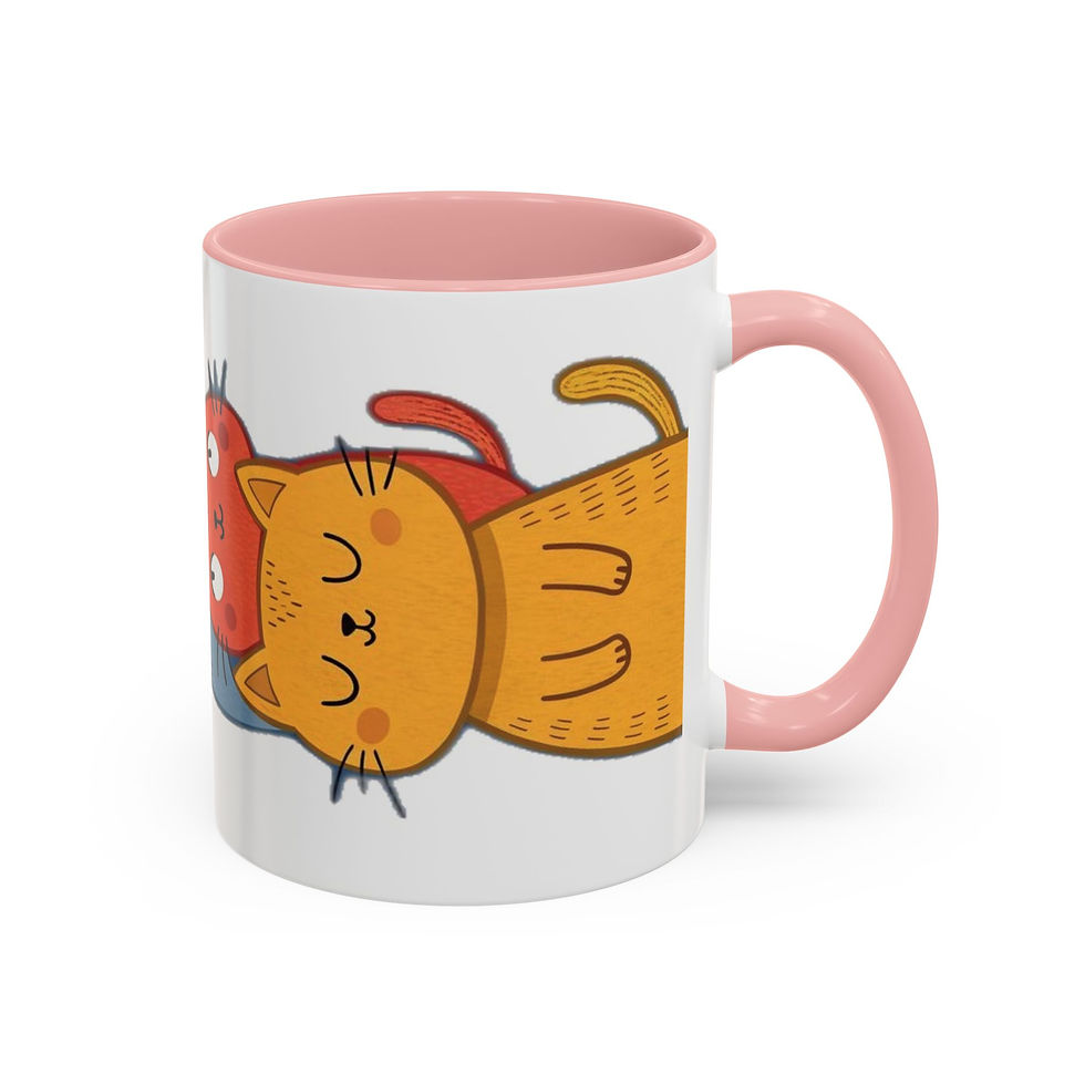 Thumbnail: Glossy ceramic mug with colorful cartoon cats and matching handle and interior.